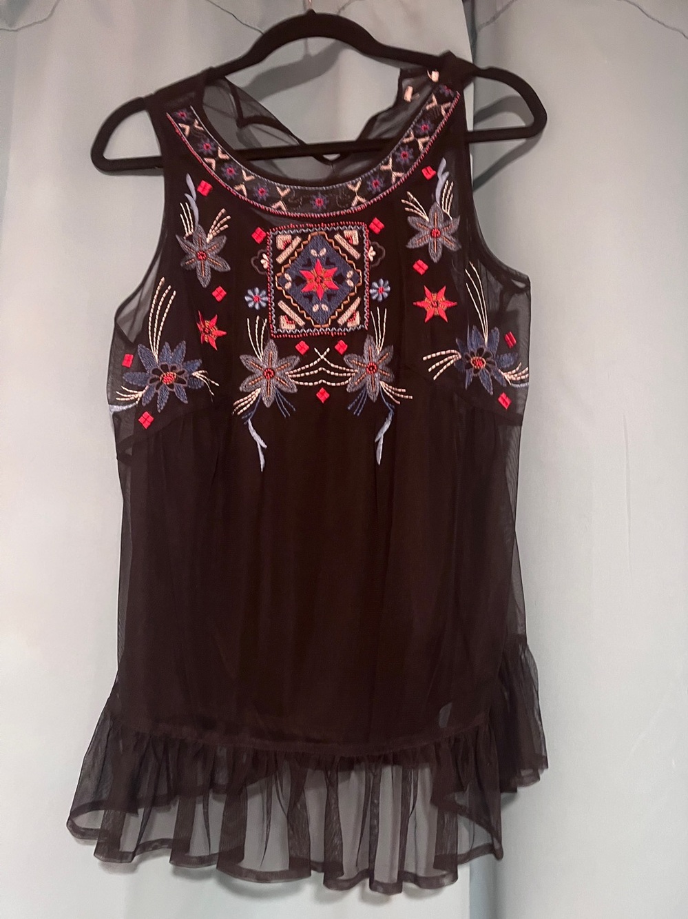 Embroidered Black Mesh Sleeveless Top with Ruffle Hem - Medium